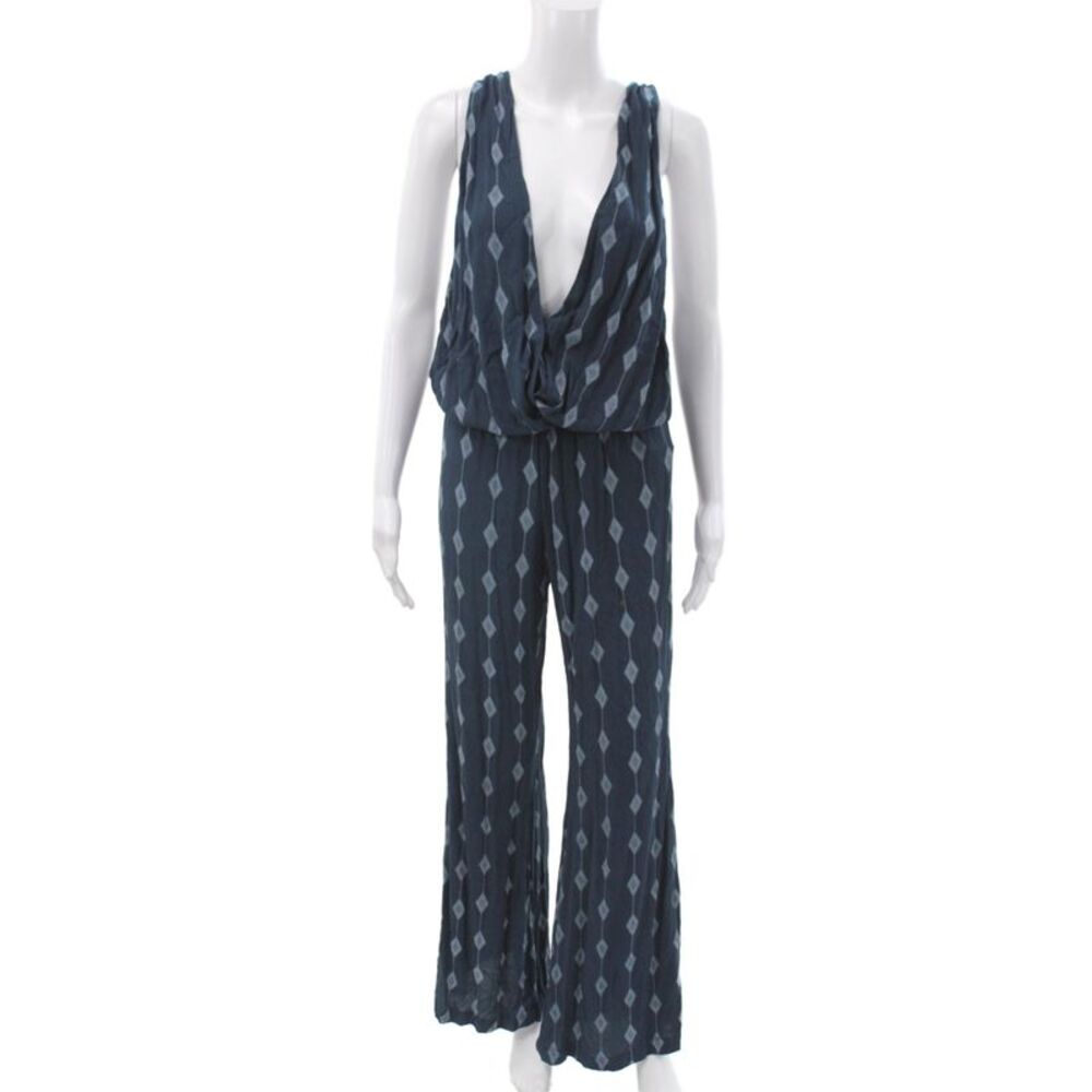 Cindi Gindi Women Boho Argyle V-Neck Sleeveless Blue Jumpsuit Viscose Size XS